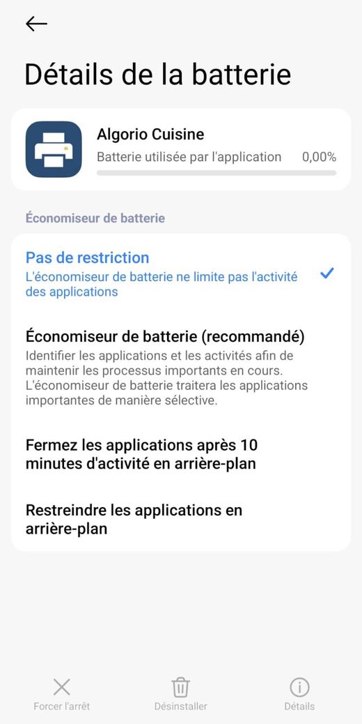 Détails de la batterie d'Algorio Cuisine : Pas de restriction est coché