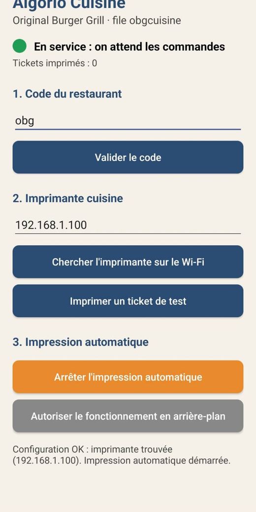 Algorio Cuisine : Original Burger Grill, point vert En service, imprimante 192.168.1.100