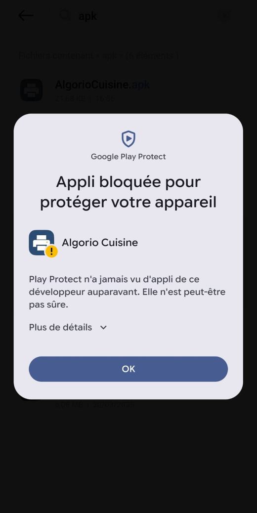 Google Play Protect : Appli bloquée pour protéger votre appareil, avec le lien Plus de détails