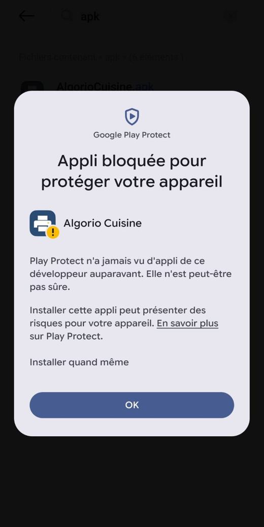 Le texte déplié montre le lien Installer quand même au-dessus du bouton OK