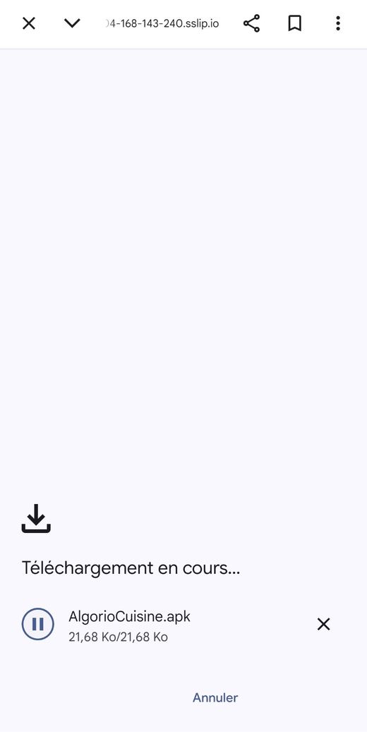 Chrome affiche Téléchargement en cours, AlgorioCuisine.apk, 21,68 Ko