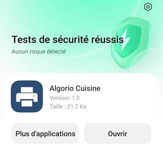 Tests de sécurité réussis, aucun risque détecté, boutons Plus d'applications et Ouvrir