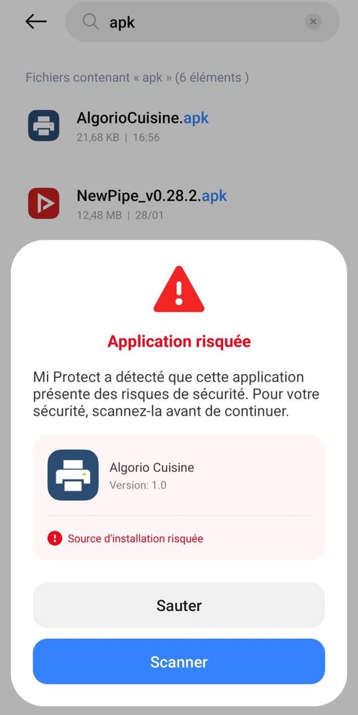 Mi Protect : Application risquée, boutons Sauter et Scanner